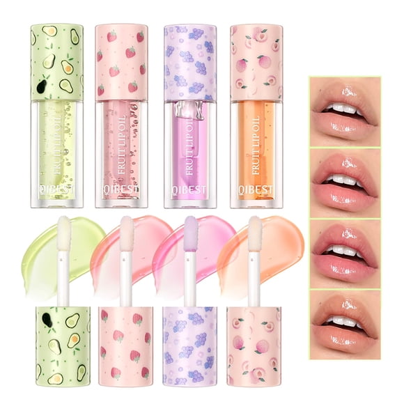 Juego de aceite labial voluminizador con sabor a fruta, 4 paquetes de aceite hidratante para brillo labial, juego de brillo labial nutritivo de larga duración, bálsamo labial no pegajoso, cuidado de l
