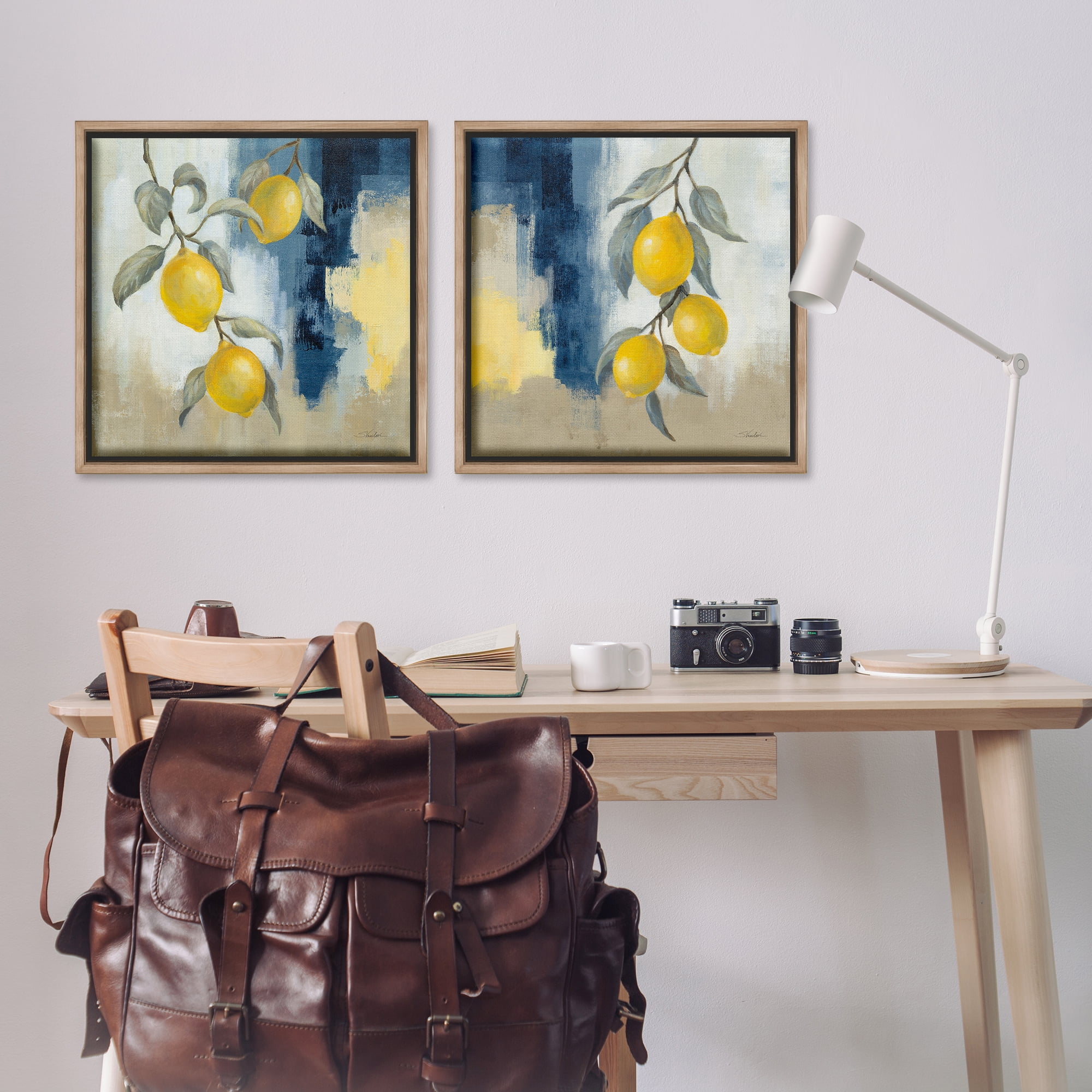 Stupell Industries Abstract Hanging Lemon Fruits Food & Beverage Painting Brown Floater Framed Canvas Art Print Wall Art, 25 x 25, Set of 2