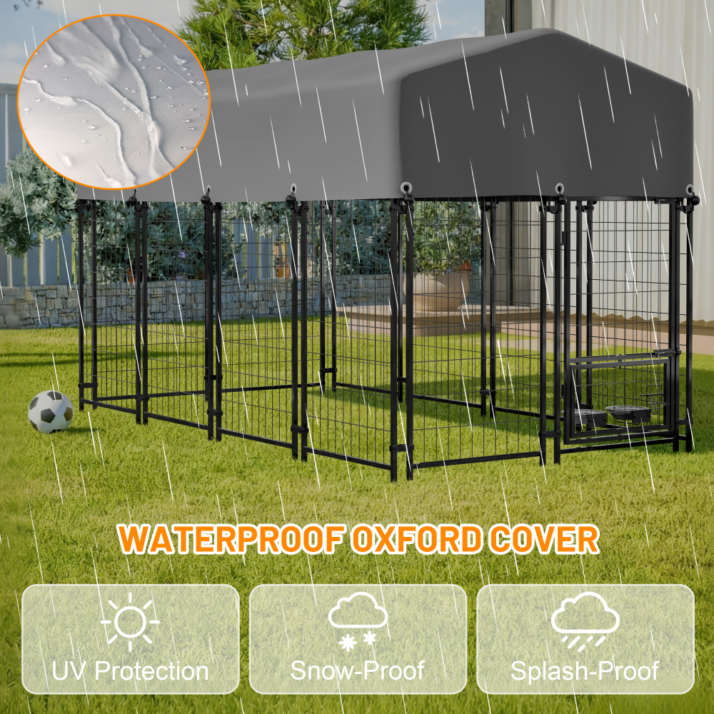 Dog Kennel Outdoor with Roof, 4.23'x7.81'x4.83' Welded Wire Enclosure, Heavy Duty Dog Crate with UV-Resistant Waterproof Cover, Double Lock & Rotating Feeder for Medium/Large Dogs