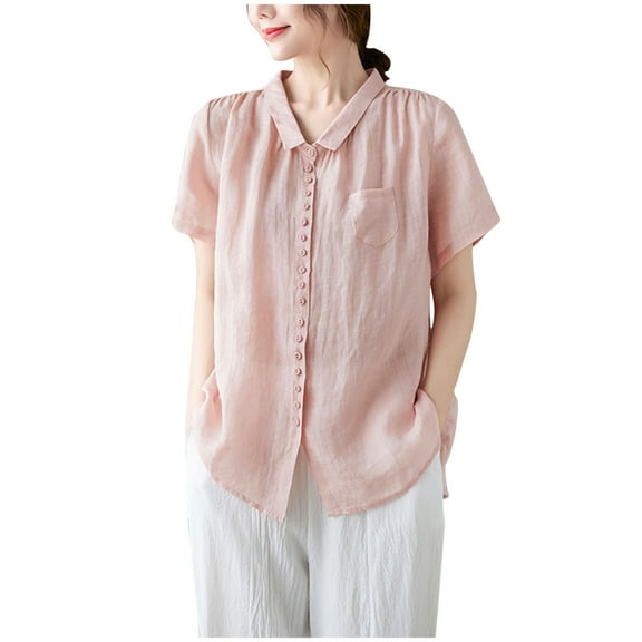 Buigttklop Short Sleeve Lapel Tops for Women Ladies Casual Loose Solid Colour Peplum Cotton Linen Shirt