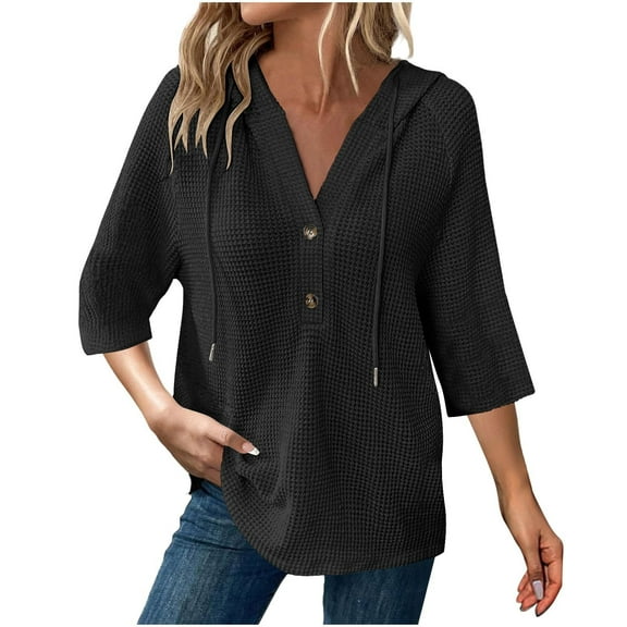 ManxiVoo Women's 3/4 Sleeve V-Neck Hooded Knit Top Summer Casual Button Up Shirt with Drawstring L Size Black