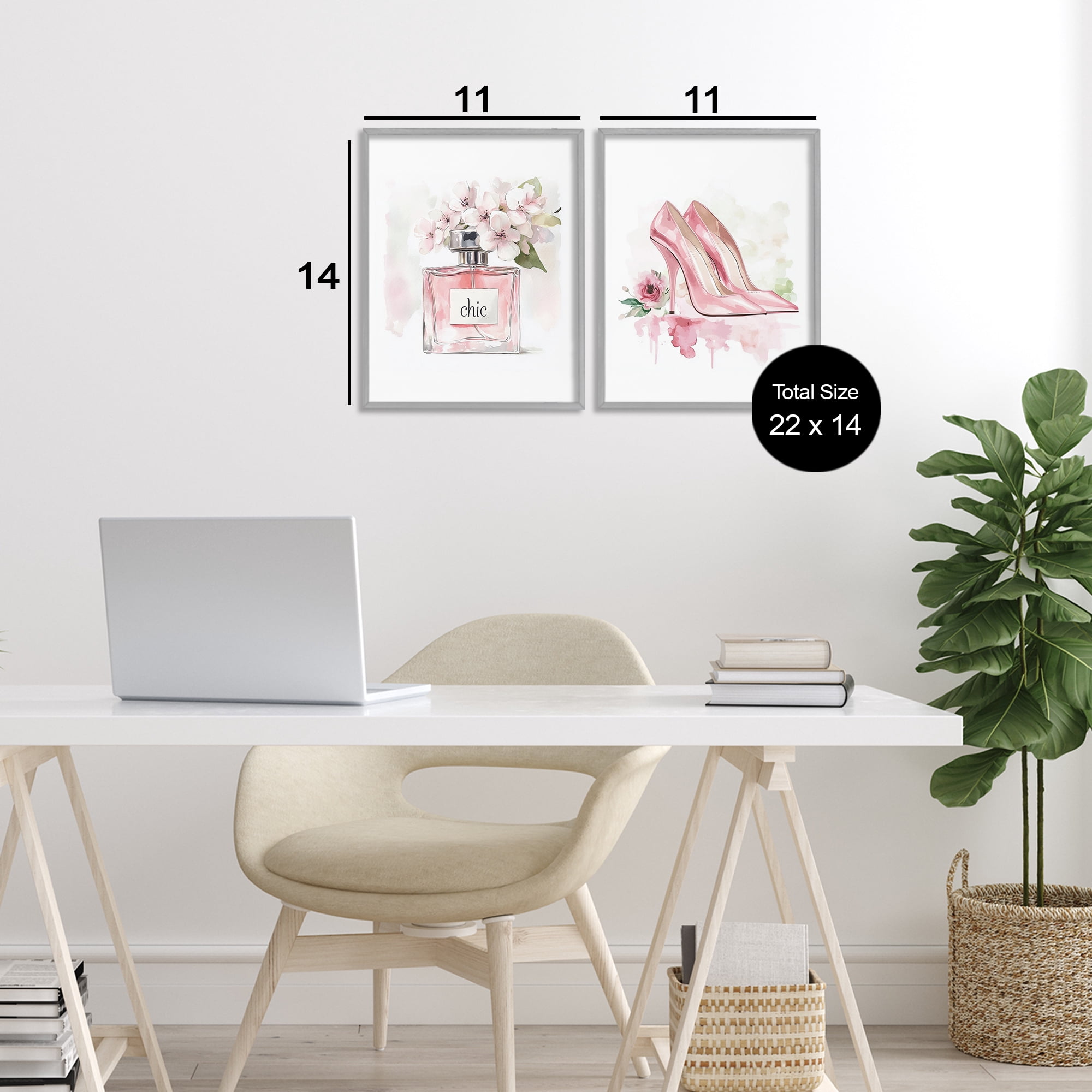 Rosy Pastel Perfume & Heels 2 Piece Gray Framed Giclee Art Set, design by Christine Simpson Art