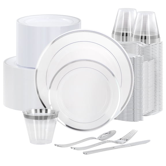 Elama 600 Piece Disposable Plastic Dinnerware Party Set for 100 Guests in White with Silver Trim