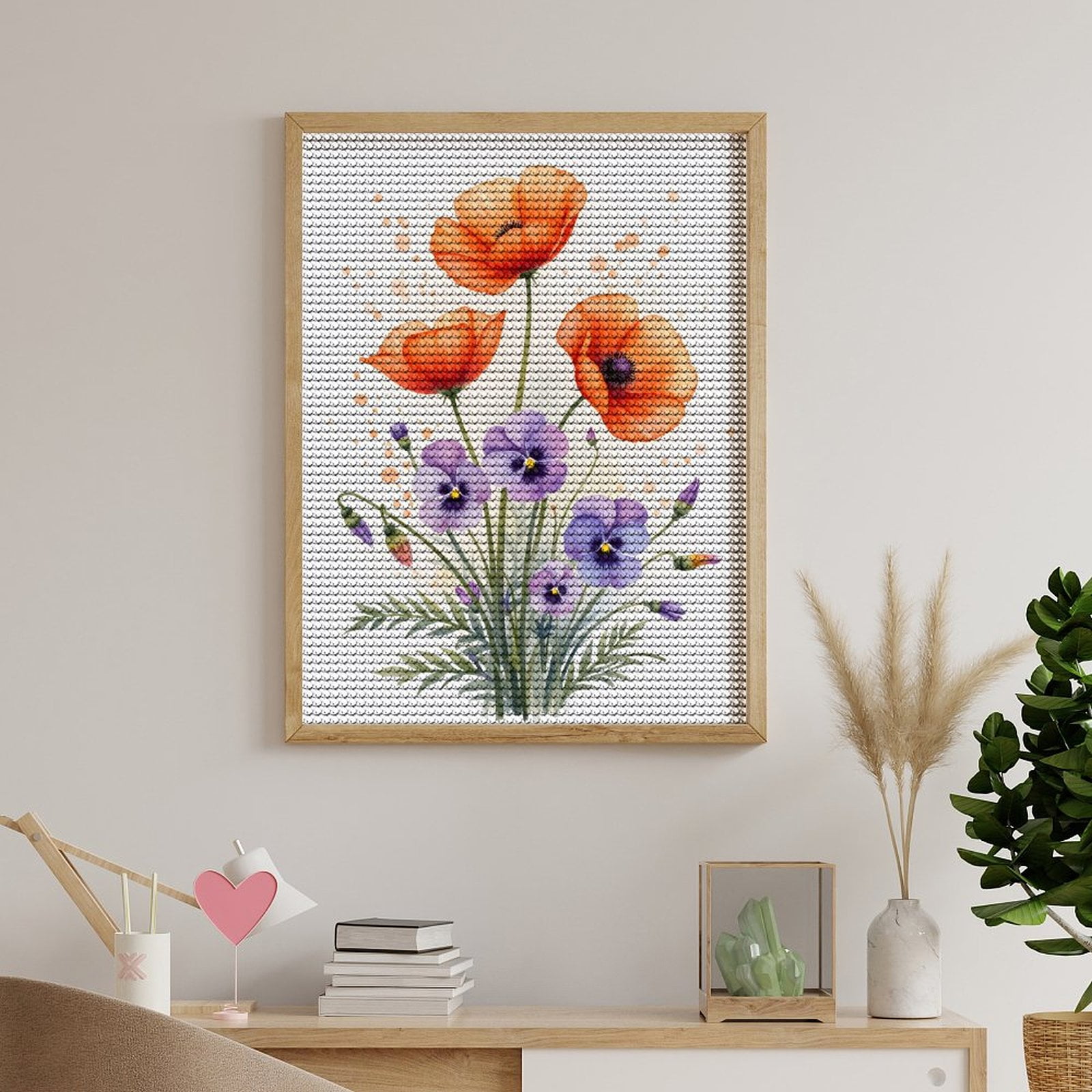 Diamond Art Kits for Adults, Orange Poppies Purple Blossoms Art 5D Diamond Painting Kits for Adults Beginners, DIY Full Drill Diamond Painting, Gem Art and Crafts 12x16