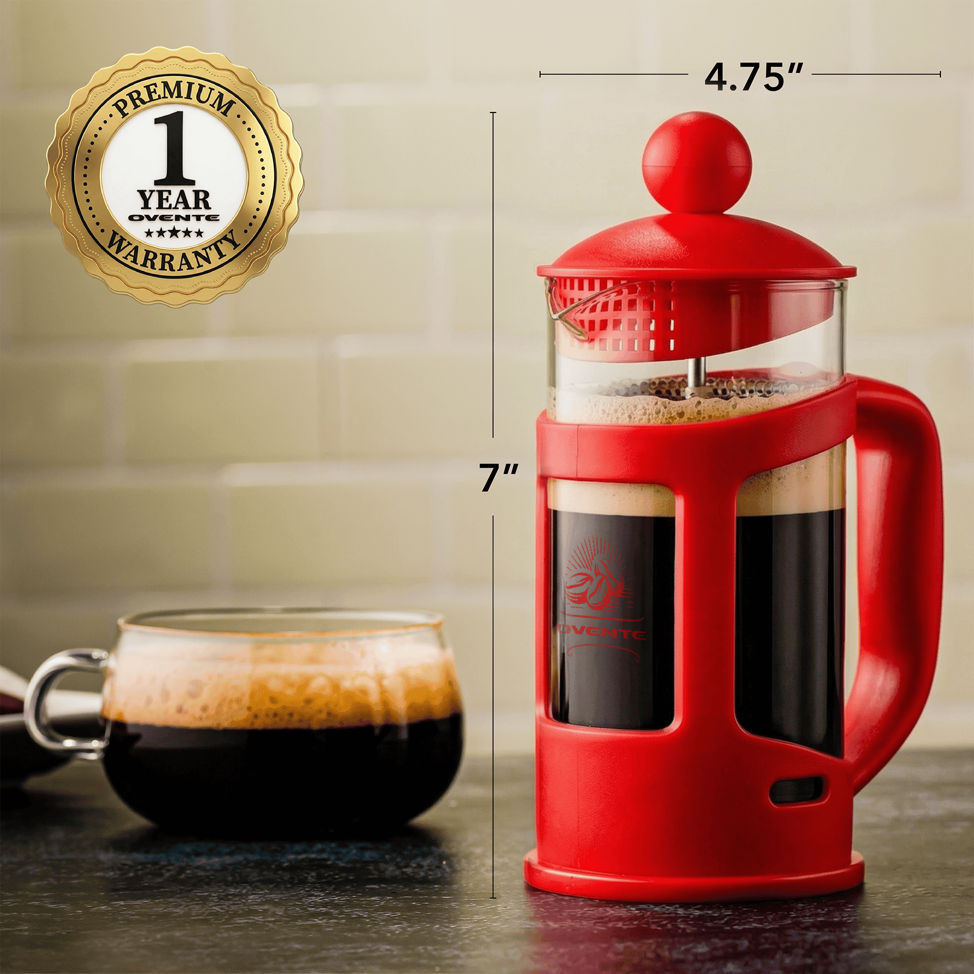 OVENTE 12 oz French Press Coffee Maker, 4-Level Stainless Steel Filter, Borosilicate Glass, Dishwasher Safe, Hot & Cold Brew, Portable for Travel & Camping, Red, FPT12R