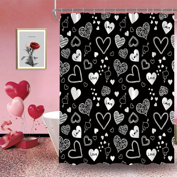 Valentine''s Day Shower Curtain Black White Love Heart Sweetheart Romantic Couple Bathroom Decor Curtain with Hooks,Black White