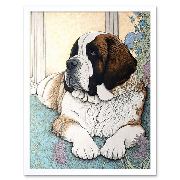 St Bernard Dog Lying by Flower Pot Modern Bright Multicoloured Illustration Art Print Framed Poster Wall Decor 12x16 inch