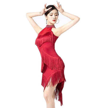 

YM YOUMU Women Irregular Tassel Latin Dress Halter Sleeveless Slim Dancewear Performance