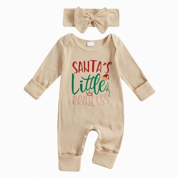 Wonitaaizi Baby Girls Romper Letter Print Long Sleeve Jumpsuits Cute Headband Set 2PC Outfits (0-3 Months,Beige)