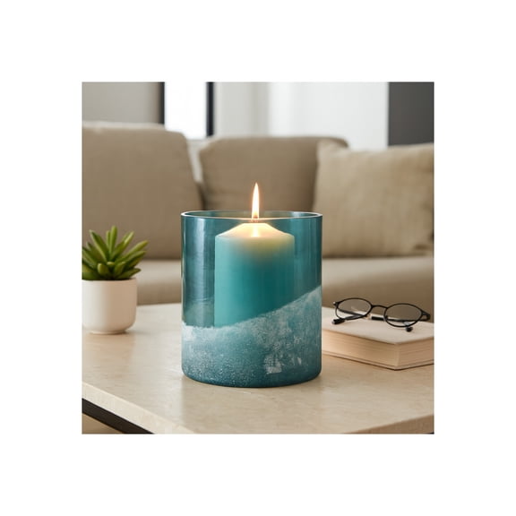 Decorative Glass Hurrican Candle Holder with Frosted Bottom - Home Decor Accent Pillar Candlestick Holder for Dining Table Centerpiece - Ocean Inspired Candle Stand Holder for Living Room - 7", Blue