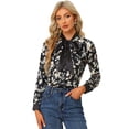 thumbnail image 1 of Blusa de satén de manga larga con cuello anudado en contraste floral para mujer Negro S, 1 of 6