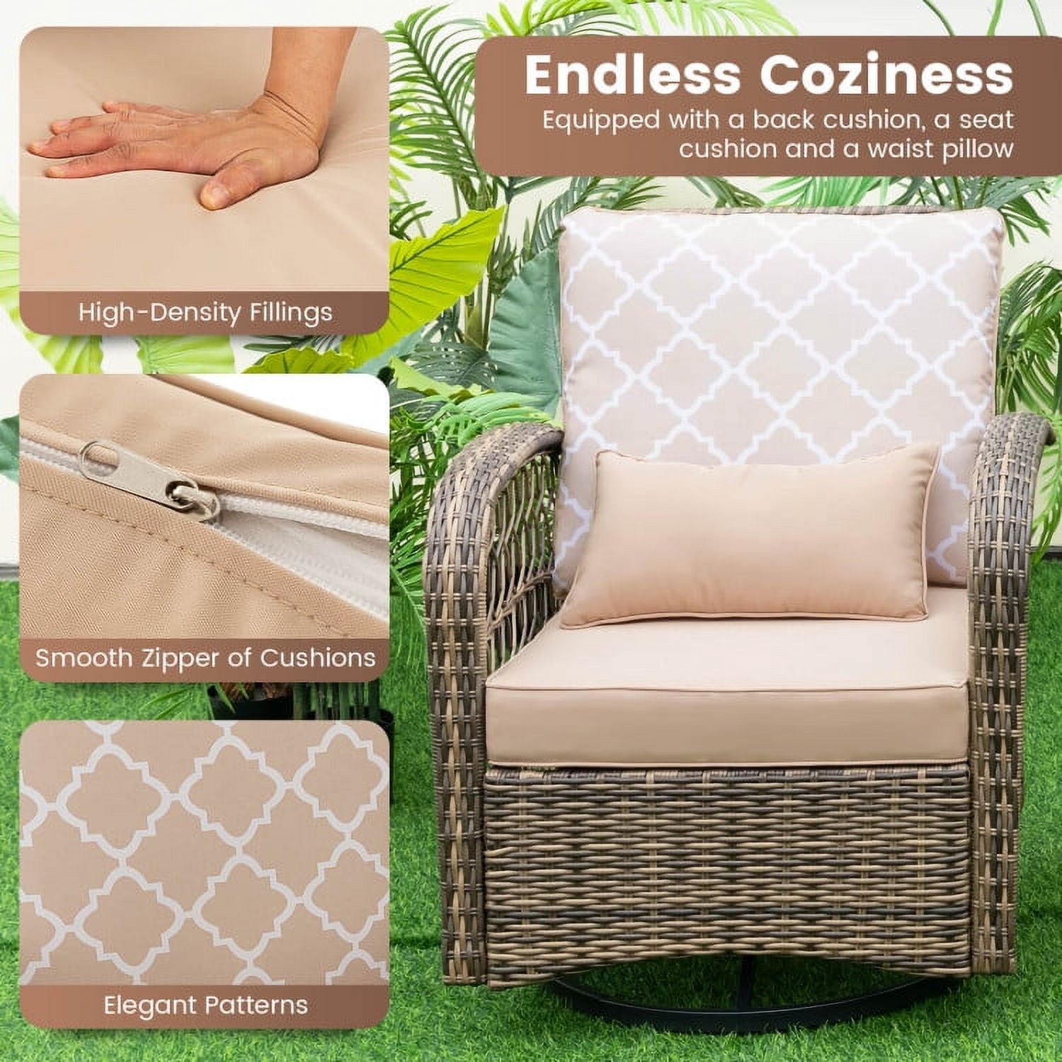Aimee Lii 3 Pieces Outdoor Wicker Conversation Set with Tempered Glass Coffee Table, Patio Sectional Furniture Set, Beige