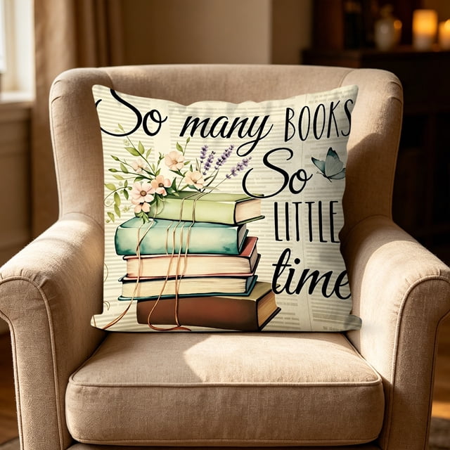 Linnome Letter Floral Book Pillow Cover 18x18 Inch Soft Breathable Decorative Cushion for Book Nook Reading Corner