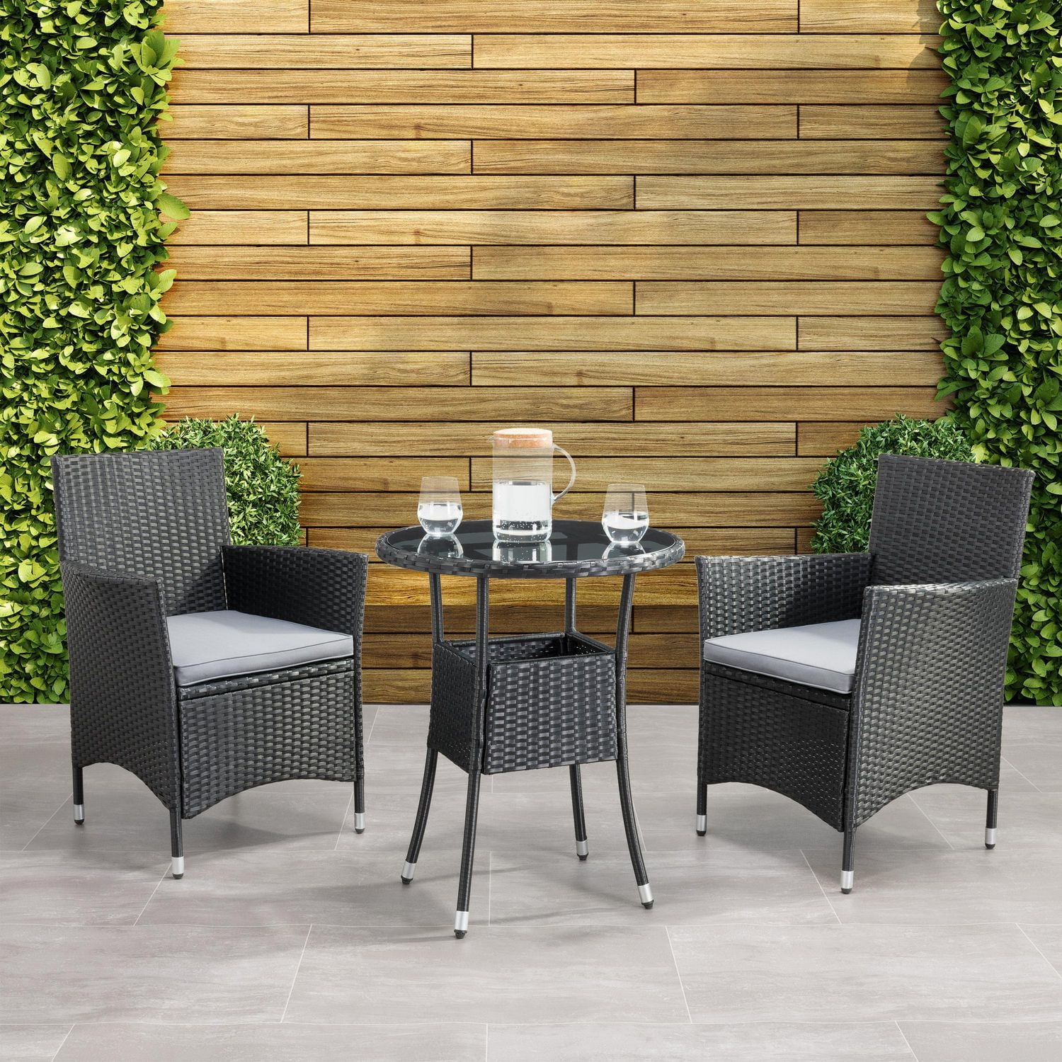 CorLiving Parksville Black Rattan and Steel 3-Piece Patio Bistro Furniture Set with Chairs with Grey Cushions, and Table