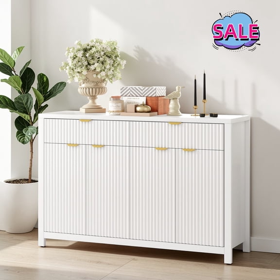 Hassch Buffet Cabinet with Storage, Sideboard Cabinet with 2 Drawers and 4 Doors, Farmhouse Coffee Bar Cabinet with Adjustable Shelves for Kitchen, Entryway, Living Room, Dining Room, White