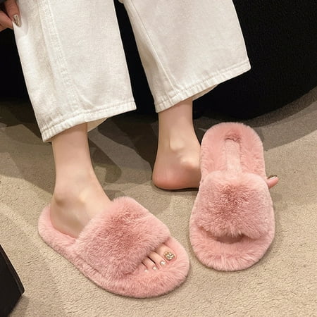

Summer Save Clearance Pitauce Slippers for Women House Bedroom Slippers Fuzzy Plush Comfy Faux Lined Slide Shoes Non Slip Thick Sole Slippers