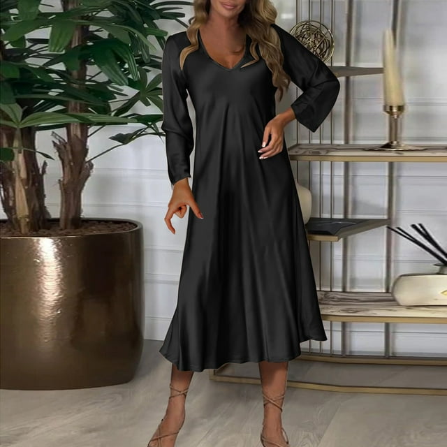 Gspmoly Robes pour Femmes, Robe Décontractée à Col Rond pour Femmes à Manches Longues Lanterne, Chandail à Enfiler avec Ceinture, Robe de Couleur Unie, Robes d'Été pour Femmes Offres des Fêtes