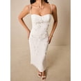 thumbnail image 6 of White Spaghetti Strap Fitted Midi Dress With 3D Floral Appliqué For Wedding Bridal Party Summer Elegant, 6 of 7
