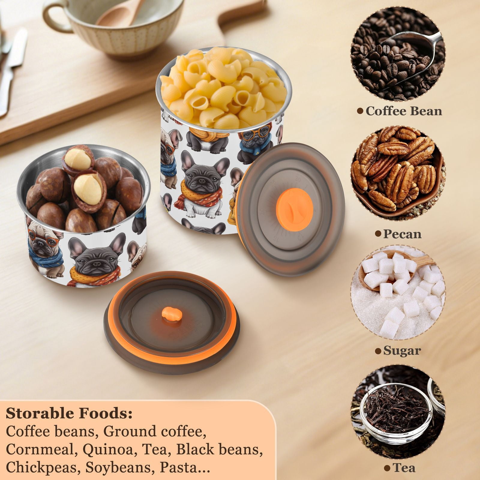 French Bulldogs with Hat Dogs Airtight Coffee Bean Canister 30oz Food Storage Containers with Lids For Gournd, Tea, Sugar, Flour, Rice, Cereal, Candy Cookie Jar