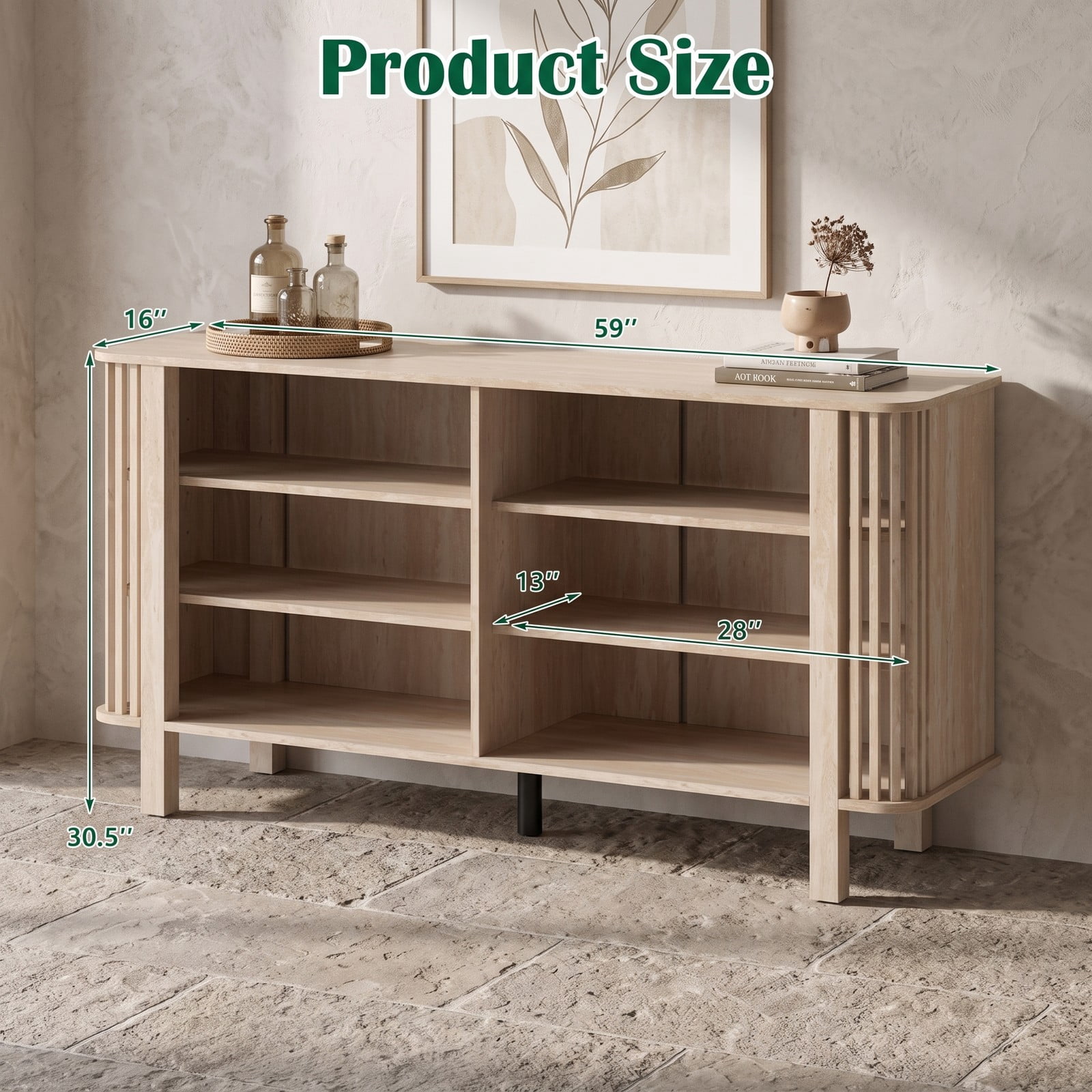 Furnibear 59 Inch TV Stand for TVs Up to 55 Inches, Wood Entertainment Center Media Console Table with 3 Adjustable Shelves and Slatted Sides for Living Room, Natural