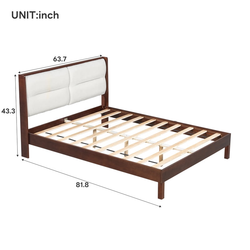 Wooden Queen Size Platform Bed with Velvet Upholstered Headboard, Low-Profile Bed Frame with Slat Support No Box Spring Needed