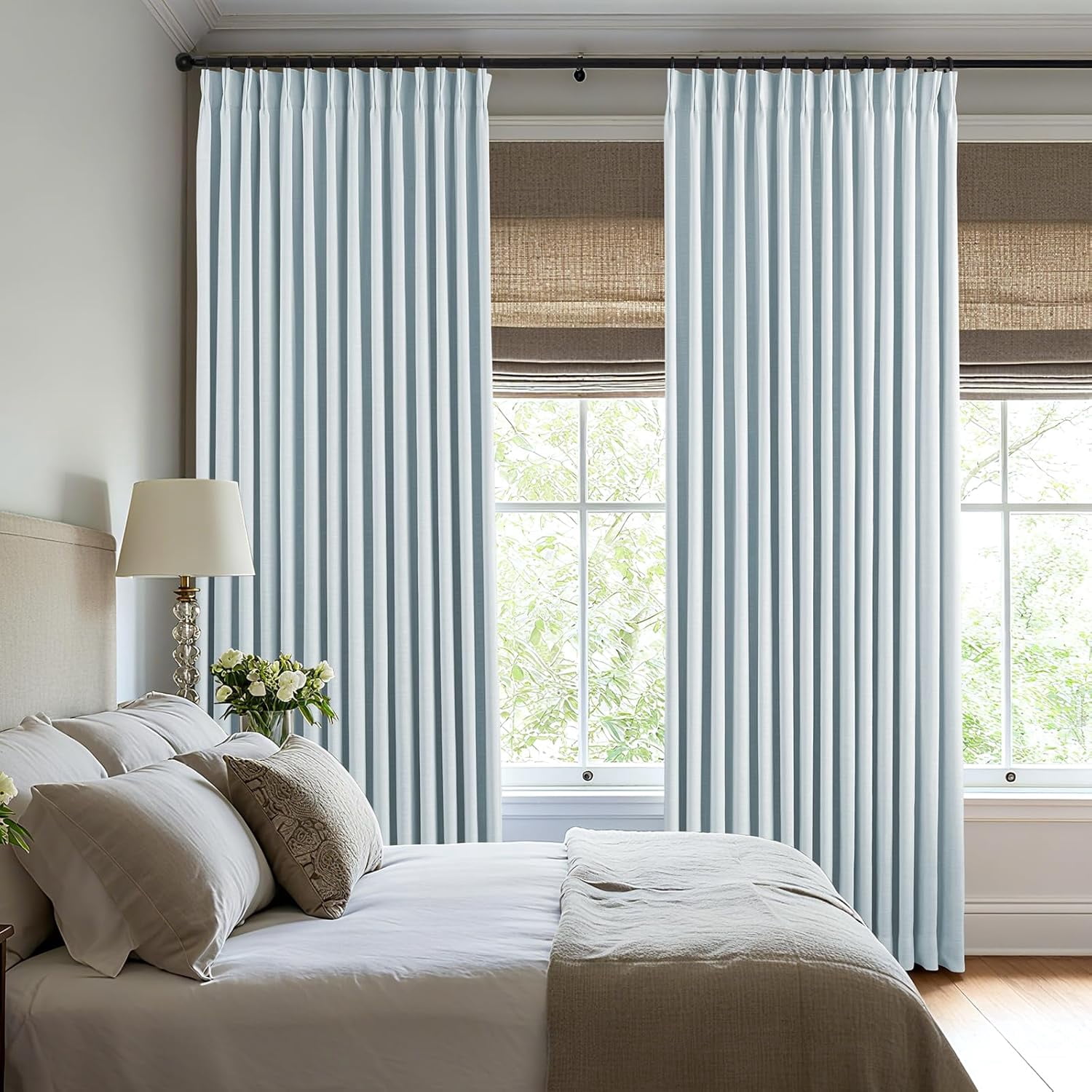 Galenzoov 40*95 inch Pinch Pleated Linen Curtains - 100% Black Out, Thermal Insulated Living Room Bedroom Curtain Double Layer Room Darkening Drapes with Hooks, 2 Panels, Blue