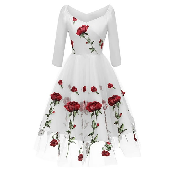 Mujeres Vintage Rose Bordado Temperamento V-cuello Sexy Vestido de hilo de red de manga larga Fridja qw4519