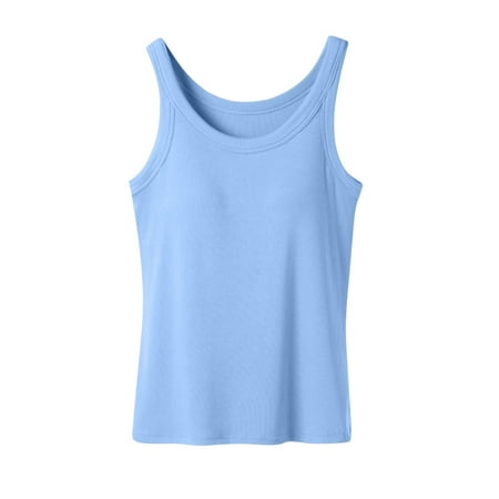 Ribbed Cotton Tank Top with Built in Bra for Women Shelf Bra Camisole Tops Workout Tops Cami Bra Padded Tank Top Sports Bras Sky Blue L
