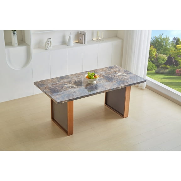 Miekor Faux Marble MDF Dinning Table for 6 or 8,Rectangular 70.8"L*35.4"W*29.8"H, Luxurious Rocky Stone Effect Top Stainless Steel Legs Modern, Durable, Brown B5A1109