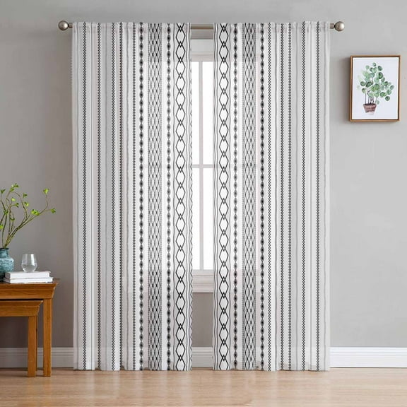 Boho Black Stripe Sheer Curtains 96 Inches Long 2 Panels Set, Window Sheer Curtains for Living Room/Bedroom, Rustic Tribal Patterns Ethnic Bohemian Light Filtering Rod Pocket Curtain 52'' x 96'' x 2