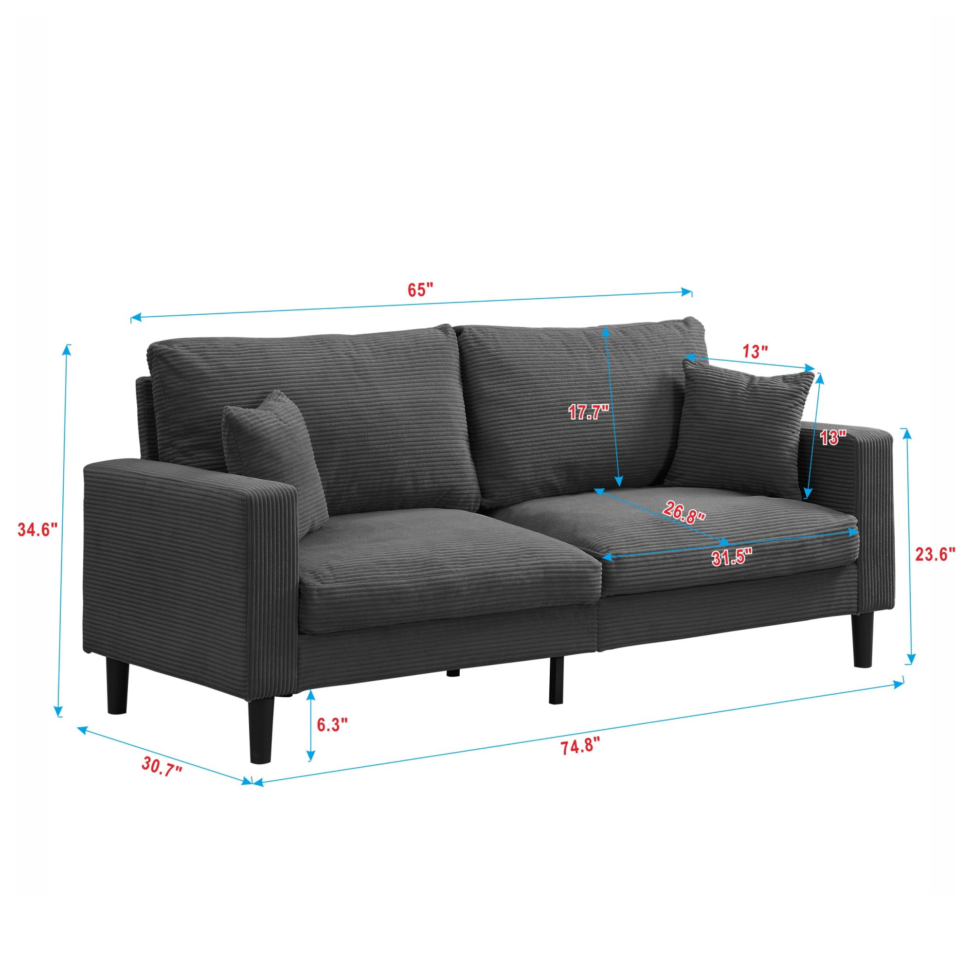 74" Modern Upholstered Sofa Couch,Comfy 3 Seater Sofa with 2 Pillows for Living Room Bedroom Apartment,Dark Gray