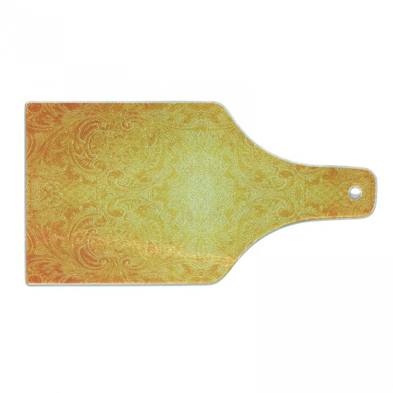 Yellow Cutting Board, Victorian Style Antique Pattern with Ornamental Flourish Vintage Design Illustration, Tempered Glass Cutting and Serving Board, Wine Bottle Shape, Marigold, by Ambesonne