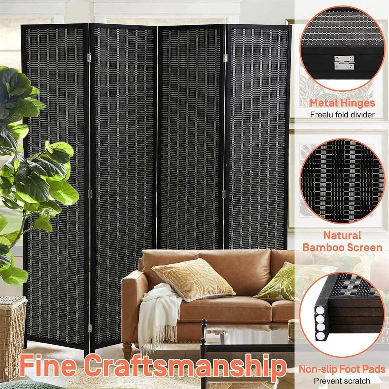NiamVelo Room Divider 4 Panel Folding Screen Partitions, Freestanding Privacy Screen Partition Wall Tall Room Divider, Black