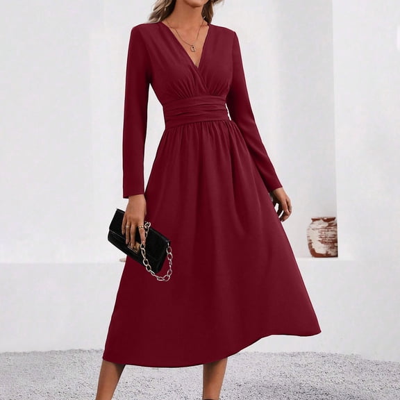 Blmnix A Line Dresses Women Dresses Fit & Flare Elegant Work Dress Dresses Red Long Sleeve Cocktail-Length V-Neck Women Dresses Summer L