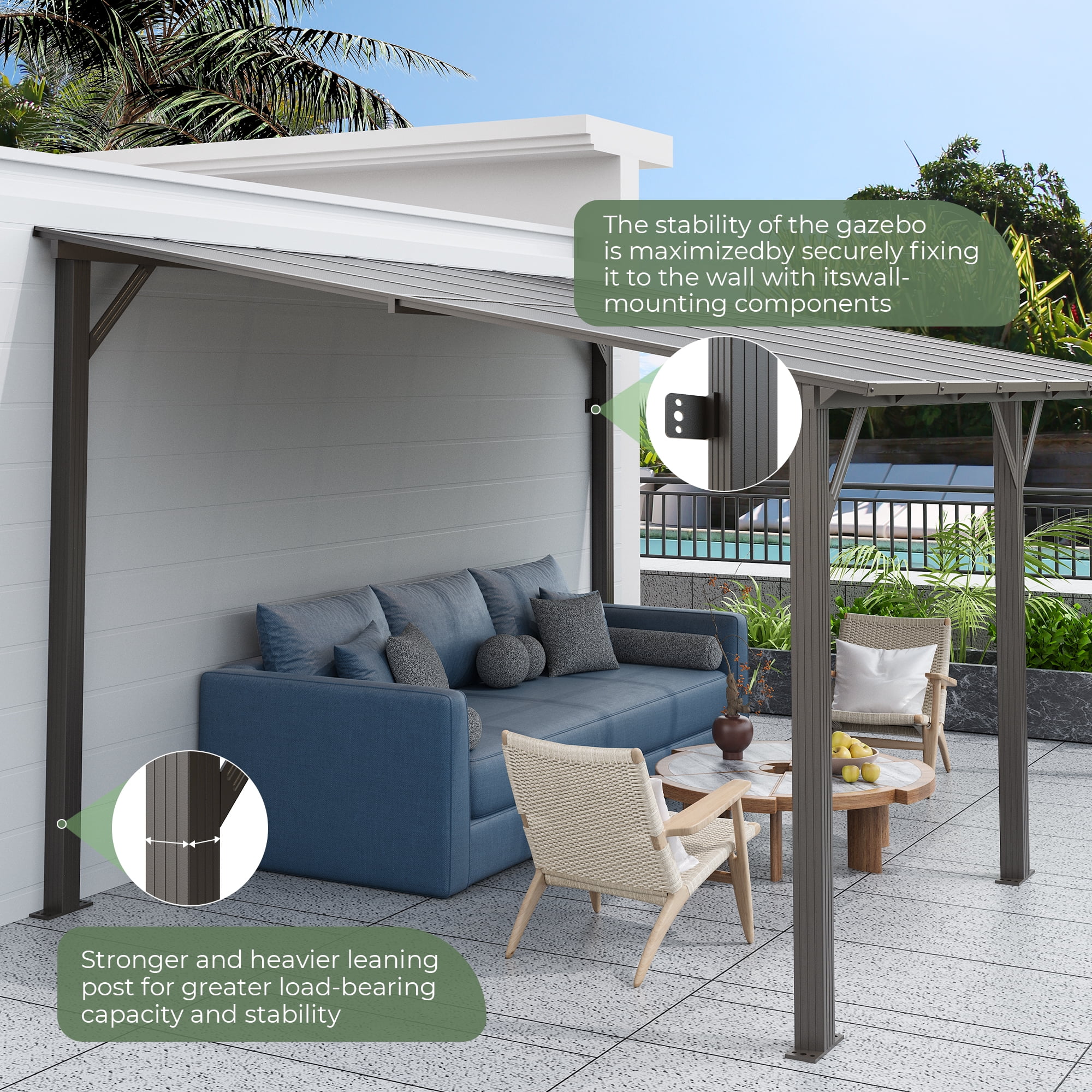 GVDV  14'x10' Wall Mounted Pergola, Aluminum Patio Gazebo with Waterproof & UV Protection, Outdoor Gazebo for Backyard/Deck