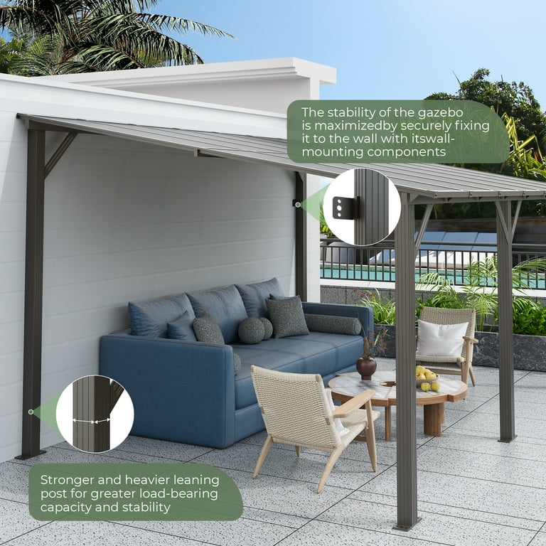 GVDV 14'x10' Wall Mounted Pergola, Aluminum Patio Gazebo with