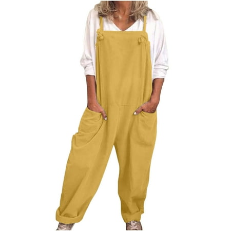 

Charella Womens Overalls Casual Loose Dungarees Romper Baggy Playsuit Cotton And Linen Adjustable Taping Jumpsuit Yellow L