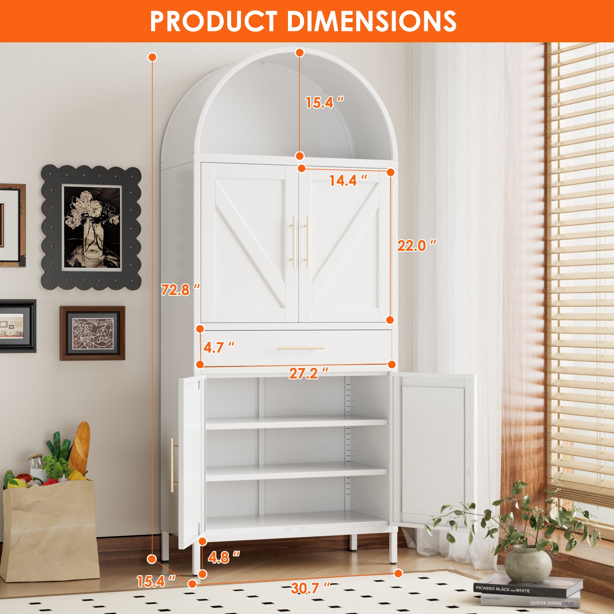 HUAXRON 73” Kitchen Pantry Cabinet with 1 Drawer, Arched Storage Cabinet with Doors and Adjustable Shelves, Tall Freestanding Cupboard for Kitchen,Living Room，Dining Room，Assembly Required,White