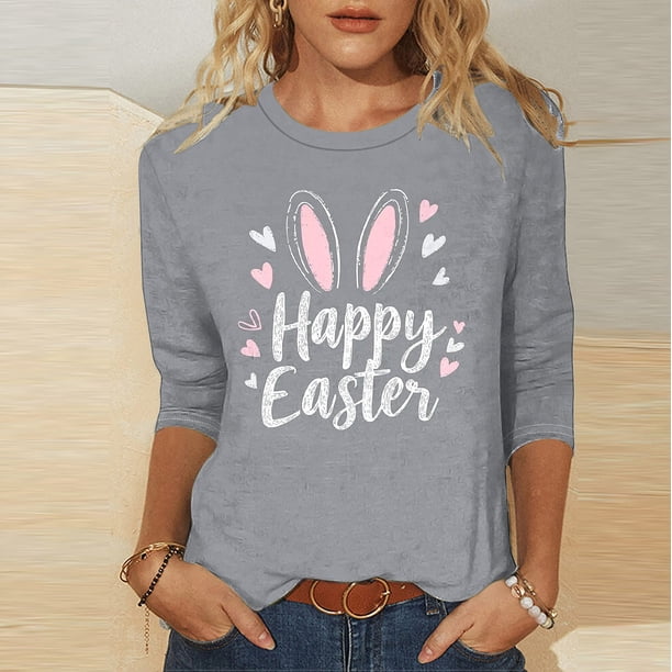 TaTaai Women Spring Casual T-Shirt Easter Themed Print Crew Neck Three Quarter Sleeve Loose Fit Pullover Top Ladies Daily Outdoor Street Wear Lightweight Non-See-Through Top Gift