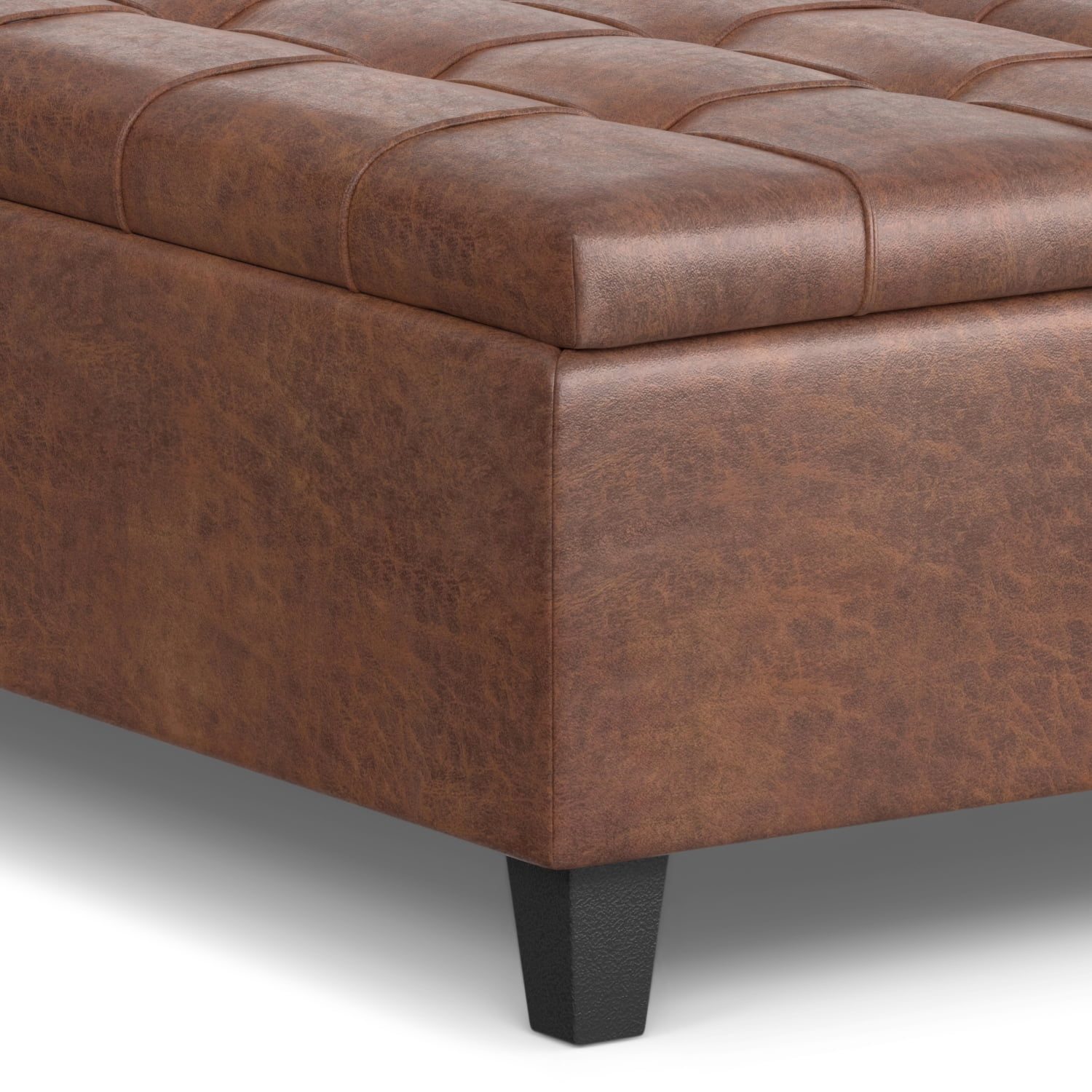 Harrison 40 inch Wide Transitional Large Square Coffee Table Storage Ottoman in Distressed Saddle Brown Vegan Leather