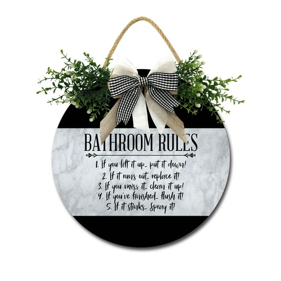 Farmhouse Bathroom Wall Decor - Rustic Framed Round Wooden Sign - Vintage Decoration for Toilet Washroom Restroom - 11 x 11 inch (Bathroom Rules)