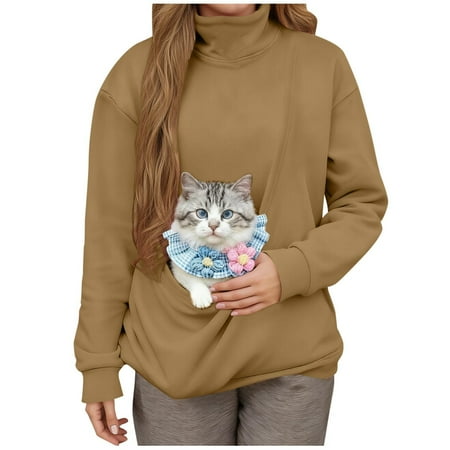 Mock Neck Sweatshirt for Women with Cat Pouch Dog Pouch Sweatshirts Pet Carrier Pullover Animal Holder Long Sleeve Tops