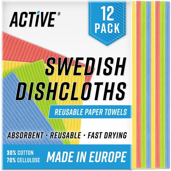Active Swedish Dish Cloths, Reusable and Washable Cellulose Sponge Dish Towels, Multicolor, 12 pack