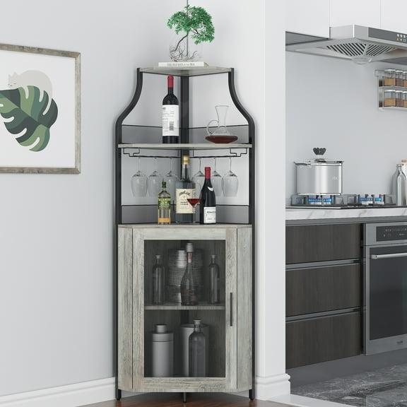 Yesfashion 5-Tier Corner Bar Cabinet w/Led Light, Farmhouse Wine Bar Cabinet with Detachable Glass Holder,Visualization Mesh Door