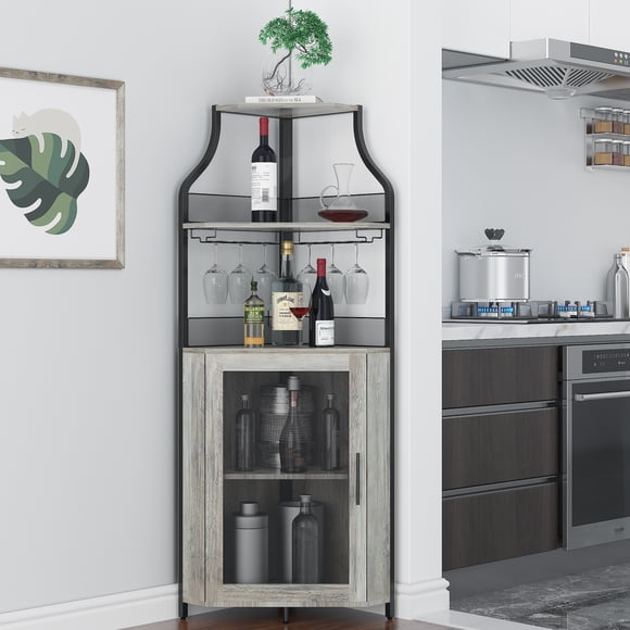 Aparador Esquinero Industrial para Bar – Botellero Desmontable, Soporte para Copas, Gran Espacio de Almacenamiento, Puerta de Malla, Buffet para Comedor, Sala o Cocina – Color Gris
