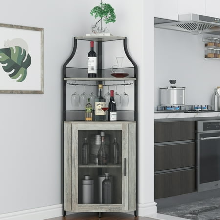 5-Tier Corner Wine Rack Industrial Wine Cabinet with Adjustable Shelf Corner Wine Rack with Glass Holder Metal and Wooden Corner Shelf Corner Wine Shelf for Living Room Small Space