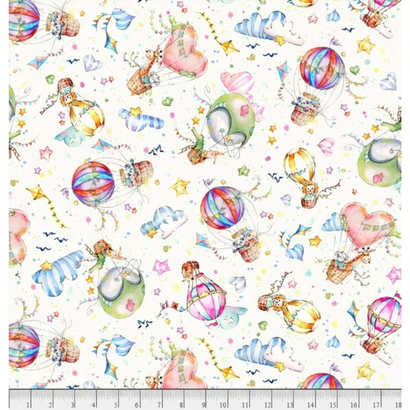 P  B Textiles Whiskerville Hot Air Balloon Toss White Baby 100% Cotton By the Yard