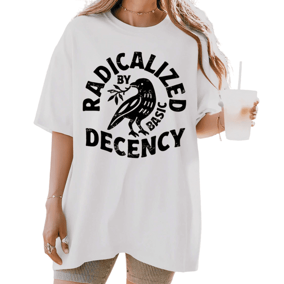 Women's "Radicalized By Basic Decency" Crow Graphic Breathable T Shirt Retro Feminist Short Sleeve Round Neck Top White S-5XL
