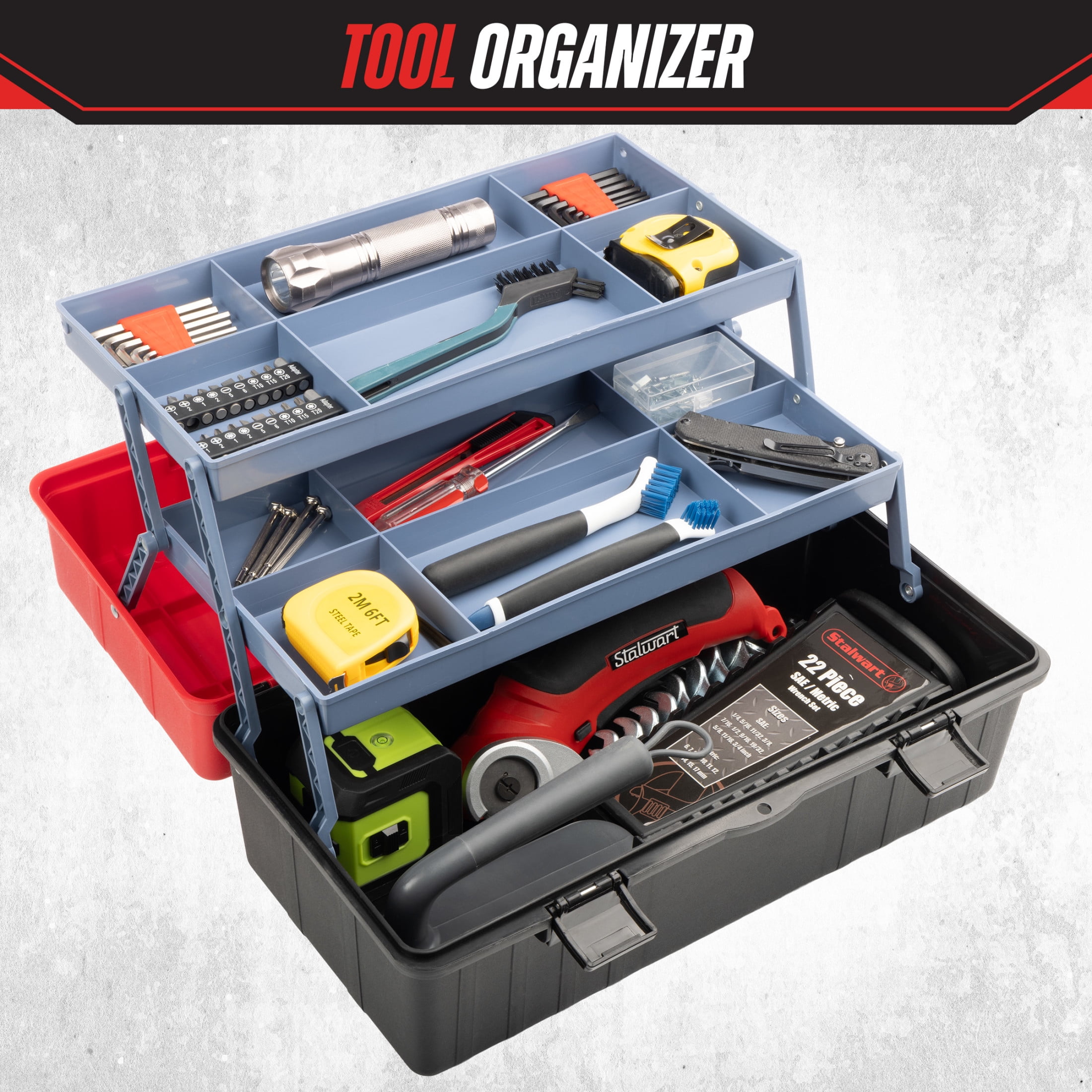 Stalwart Plastic Tool Box Organizer - 15.94in 3-Tier Portable Toolbox or Tackle Box Organizer, Red