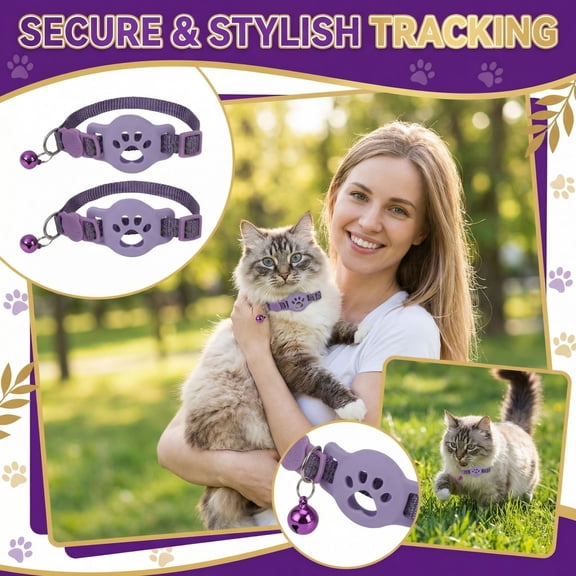 Moonsky Reflective Cat Collar with Apple Airtag Holder and Safety Bell Breakaway Neck Strap for Pets Purple 1PC